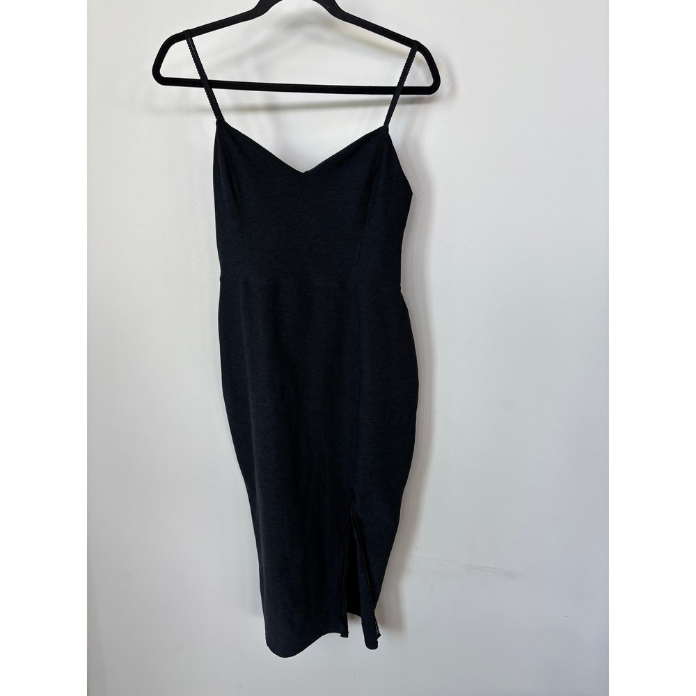 Beyond Yoga Black Spacedye‎ Midi Dress V-Neck Lace Trim Side Slit Womens Medium